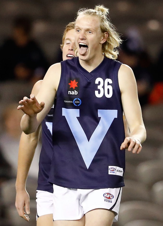 AFL 2016 U18 Championship - Allies v Vic M MELBOURNE, AUSTRALIA - JUNE 24: Sam Hayes of Vic Metro celebrates a goal during the Under 18 Championship match between the Allies and Vic Metro at Etihad Stadium on June 24, 2016 in Melbourne, Australia. (Photo by Adam Trafford/AFL Media)